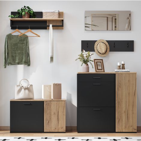 Mueble de entrada de 5 piezas con 2 armarios, espejo, perchero, banco zapatero, madera y negro (1/5)