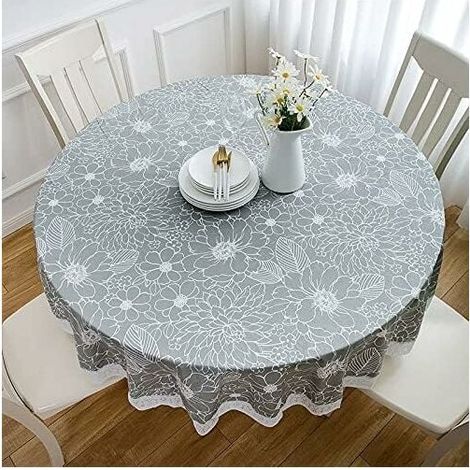 Runde Wachstuch-Tischdecke aus PVC mit Blumen- und Spitzenmuster, wasserdicht, schmutzabweisend, runde Tischdecke, Esstischdecke aus Wachstuch, für Esszimmer, Garten, Café, Party (grau, 220 cm)