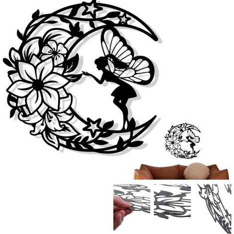 Décoration murale en métal noir, sculpture fée fleur de lune pour chambre, salon ou jardin. (1/5)