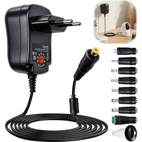 12W Adaptateur Secteur Universel AC/DC 3V 4.5V 5V 6V 7.5V 9V 12V avec 8 Connecteurs DC Transformateur d’Alimentation Multi-Tension pour Routeur Caméra Box Tablette 1200mA Max (1/5)