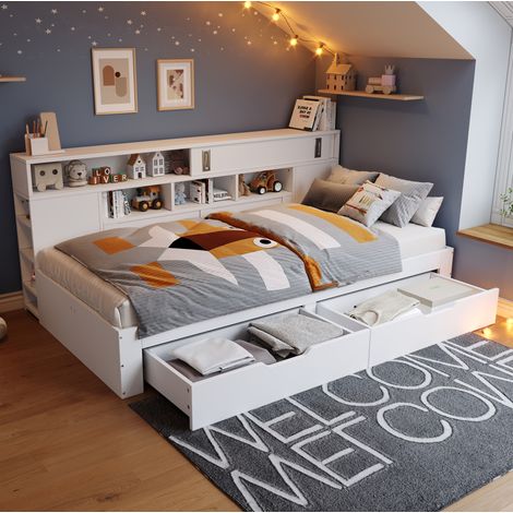 Lit avec tiroirs 90x190 cm avec 2 tiroirs et rangements latéraux, sommier à lattes inclus, en bois, blanc, sans matelas (1/5)