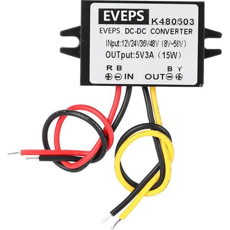 Convertidor CC, práctico, 12V/24V/36V/48V (8-58V), estable 5 ± 0,25V para ventilador, monitor y cámara. (1/4)