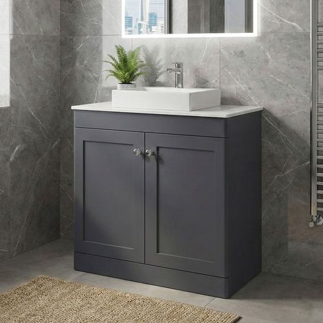 Nuie Classique Floor Standing 2-Door Vanity Unit with White Marble Worktop 800mm Wide - Satin Anthracite (1/3)