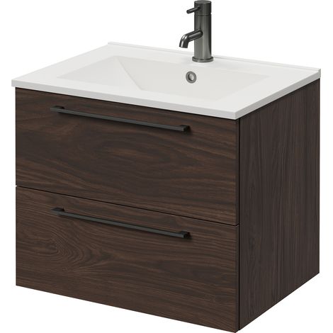 Napoli 460 Brown Oak 600mm Wall Mounted 2 Drawer Vanity Unit with Angel Basin - 600mm - Gunmetal Grey 320mm Handle