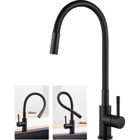 Grifo de cocina flexible con 2 modos de pulverización, grifo mezclador giratorio de 360°, grifo monomando, grifo de cocina flexible, negro (1/5)