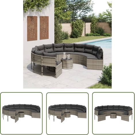 The Living Store Gartensofa mit Tisch und Kissen Rund Grau Poly Rattan - Gartenmöbel - Outdoor Sofa - Rattan Gartenmöbel - Gartensofa - Lounge Set (1/5)