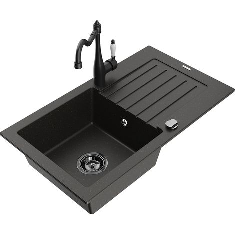 Mexen Pablo 1 Becken-Granitspüle mit Abtropffläche und Mischbatterie Carla, Schwarz/Gold metallisch