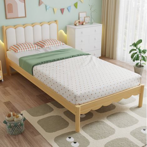 Lit enfant rembourré beige 90x200 cm avec tête de lit en PU et sommier en bois (1/5)