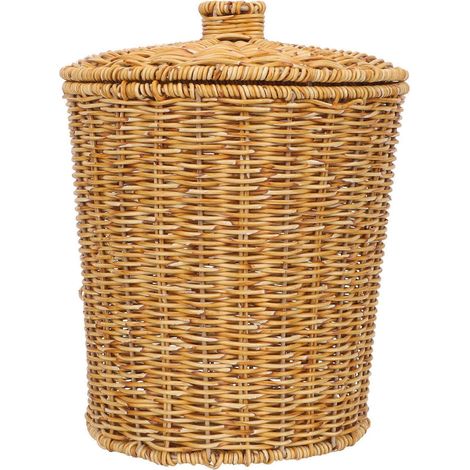 Panier rond tressé en imitation rotin, avec couvercle, pour ranger les accessoires de salle de bain. (1/5)