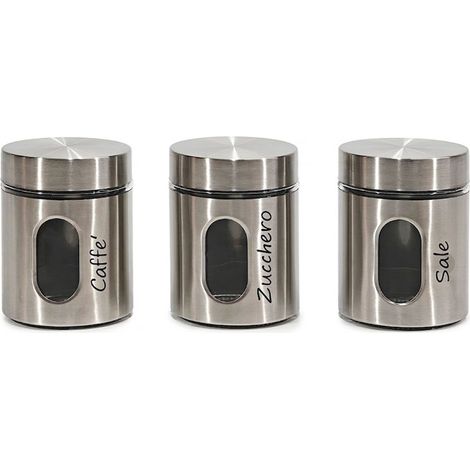 Set 3 Barattoli Cucina Sale Zucchero Caffè in Vetro e Acciaio, Contenitori con Finestra Visiva e Tappo a Vite Capacità 75cl Ideali per Dispensa Moderni (1/4)