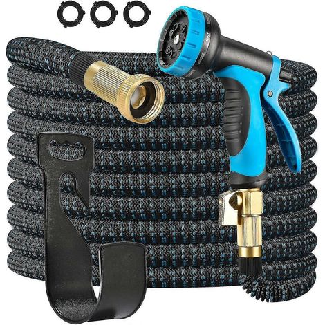 Tuyau d'arrosage extensible, flexible, avec pistolet d'arrosage 10 fonctions et revêtement en latex 3 plis résistant, tuyau d'arrosage extra-résistant avec raccord en laiton massif 3/4". (1/3)