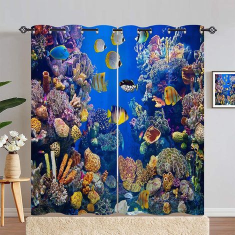 Rideau Occultant Océan Coraux Tropical Poisson Tenture Opaque à Oeillets Draperies Intérieurs Rideau Thermique Isolant pour Maison Chambre Salon Fenetre 2 Pièces L 107 x H 180 cm - 107L X 180H cm (2 P (1/5)