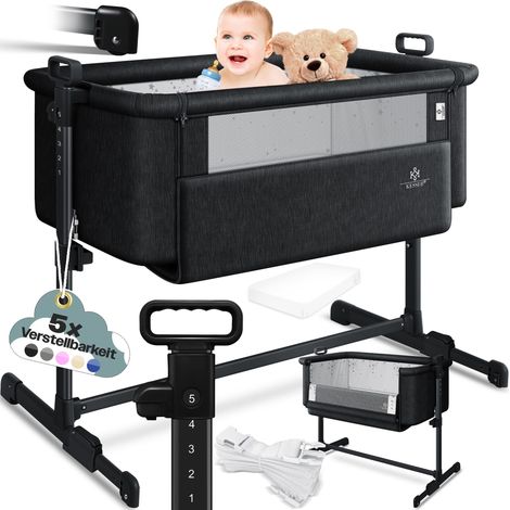 KESSER® Lit d'appoint Hubi 3en1 Lit d'appoint bébé Lit de voyage Lit bébé avec matelas souple avec roulettes Lit d'enfant 5 hauteurs réglables Pliable Noir