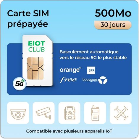 Carte SIM Prépayée pour Caméra de Surveillance, Caméra de Chasse, WiFi Router, 5G/4G LTE, Compatible avec Les réseaux Bouygues, Orange, Digicel et Free Mobile, Carte SIM Uniquement données