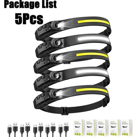 (5 pièces) Lampe frontale à capteur rechargeable USB LED, lampe torche XPE + COB étanche pour camping et pêche (1/5)