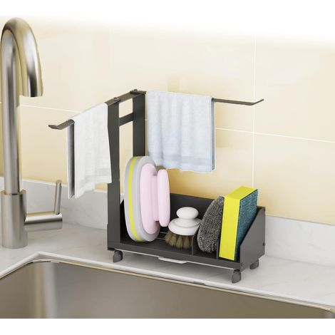 26 x 21 x 8.5 cm stainless steel sponge rack for sinks, suction cup sponge rack, sink organizer with towel rack, removable tray, adhesive and countertop style.