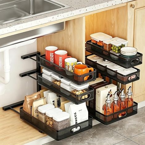 organiseurs de placard à 3 niveaux extensibles (le niveau moyen se déplace librement), tiroir réglable en hauteur, étagère en métal lourd avec tapis antidérapant en polypropylène pour cuisine (1/5)