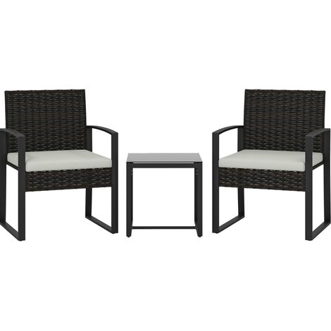 Set bistró de jardín de 3 piezas en poliratán y acero con mesa de vidrio templado (1/5)