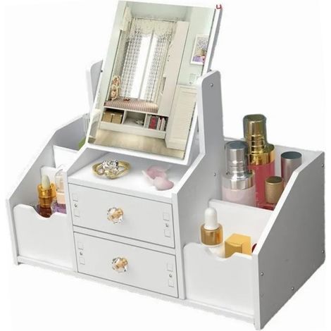 Tiroir de rangement cosmétique grande capacité en plastique avec miroir blanc (1/5)