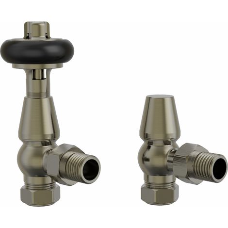 Traditional Antique Design TRV Thermostatic Brass Angled Radiator Valves Pair Polished Antique Brass