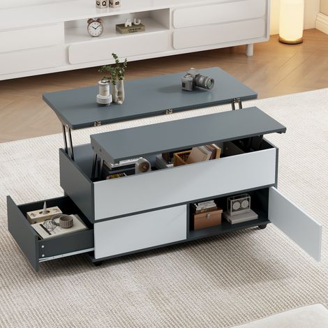 Table basse relevable 100x98x65 cm gris et blanc en panneau de particules avec rangement et roulettes (1/5)