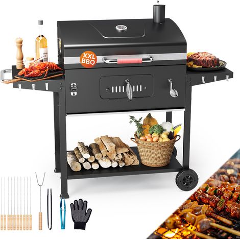 Barbecue à charbon professionnel sur chariot71 × 42,5 cm – Panneaux latéraux pliables et thermomètre intégré (1/5)