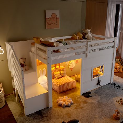 Lit mezzanine 90/200 cm blanc en pin et MDF avec escalier de rangement et fenêtre (1/5)