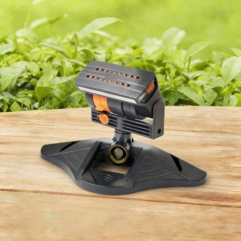 Aspersor oscilante ajustable mejorado – 16 miniturbinas – Amplio alcance – Soporte triangular resistente – Ideal para césped, jardín y exteriores (1/5)