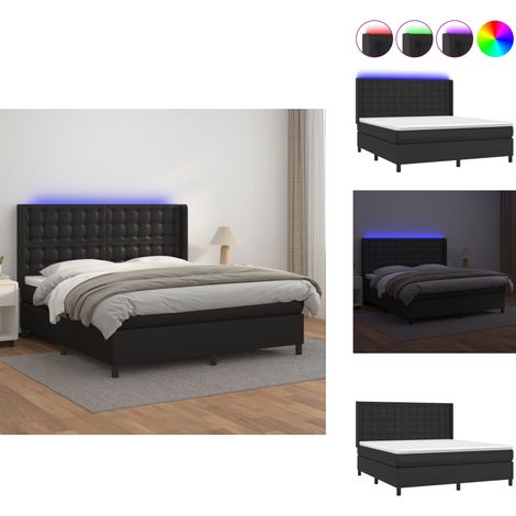 Sommier à lattes de lit matelas LED Noir 160x200cm Similicuir - Lit Plateforme - Lit Design - Lit Moderne - Lit Capitonné - Sommier Tapissier (1/5)