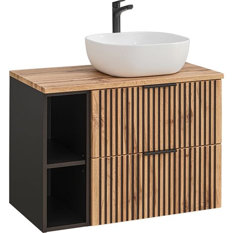 Waschtisch mit Regal und Aufsatzwaschbecken XANTEN-56 in anthrazit mit Eiche Nb. schwarz gerillt, B/H/T: ca. 80,6/74,2/46,5 cm (1/5)