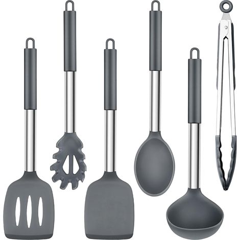 Lot de 6 Ustensiles de cuisine, Silicone alimentaire, Poignée acier inoxydable, Résistant 230°C, Pour cuisson quotidienne (1/5)