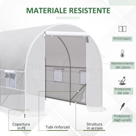 Caseta de jardín con 6 ventanas y puerta enrollable, caseta de jardín tipo túnel, invernadero con estructura metálica y lámina de polietileno, 4x2x2 m, blanca
