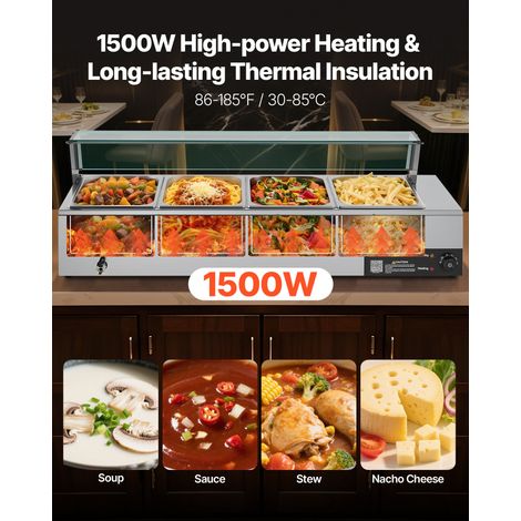 Chauffe-Plat Électrique à Vapeur 1500 W, Buffet Chauffant en Inox, Bain-marie avec 4 Bacs de 1/2, Couvercle en Verre et Louches à S… (1/5)