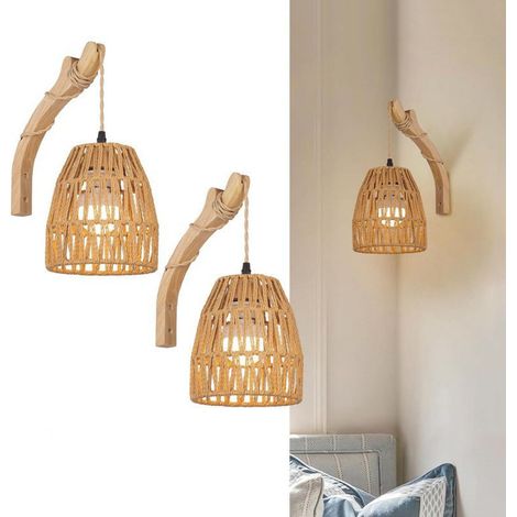 Lampada da parete senza fili in 2 pezzi, lampada da parete intrecciata da comodino, lampada da parete wireless in rattan, lampadina non inclusa, E27