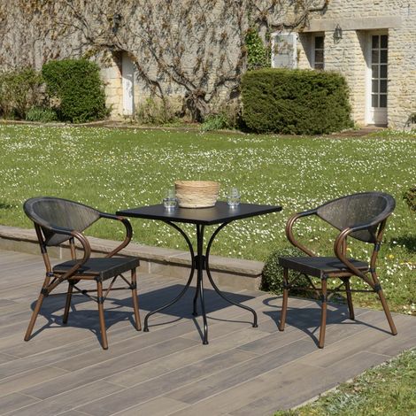 VIANNEY - nsemble de jardin en acier table 70x70cm et 2 chaises marron (1/5)