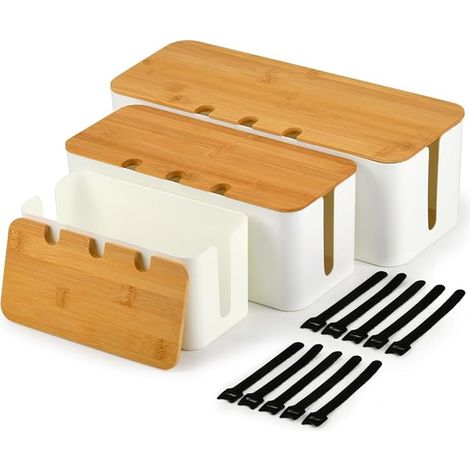 White Cable Storage Boxes with Bamboo Lids, Cable Hide Box, Multi-Socket Cable Storage Box, Cable Organizer Box, Electric Cable Box for Home, Office, L/M/S (1/5)