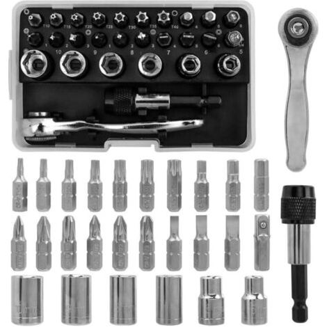Kit de 28 Mini Clé à Cliquet Douilles Embouts de Tournevis et Porte-Embout, Clé à Cliquet 1/4" Réversible 72 Dents à Dégagement Rapide avec Douilles Hex Mini Tournevis à Cliquet pour Réparatio (1/4)