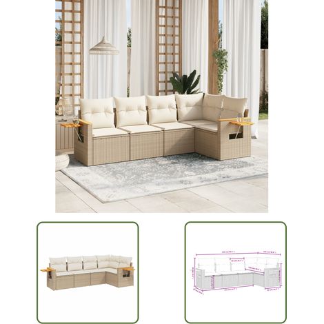 The Living Store 5-tlg. Garten-Sofagarnitur mit Kissen Beige Poly Rattan - Gartenmöbel - Sofasatz - Rattan Möbel - Outdoor Sofa - Lounge Set (1/3)