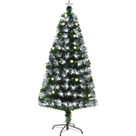 Sapin de Noël Artificiel Lumineux 120 cm Fibre Optique LED + 20 Ampoules + Support Pied 130 Branches Étoile Sommet Brillante Vert (1/5)
