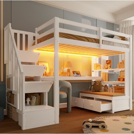 Letto a soppalco 90x200 cm con scrivania, scaffali, cassetti e scala contenitore OKWISH (1/5)