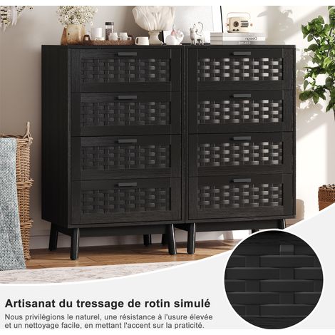 Mueble de dormitorio, Armario de dormitorio, Mueble de almacenamiento, Cómoda de dormitorio adultos, Mueble de almacenamiento en PVC Imitación Ratán – Cómoda de 4 Cajones en Color Madera Negra