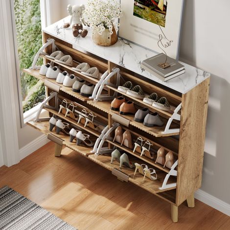 Mobile portascarpe 105x24x95,5 cm in MDF naturale effetto marmo salvaspazio – MEUBLIV (1/5)