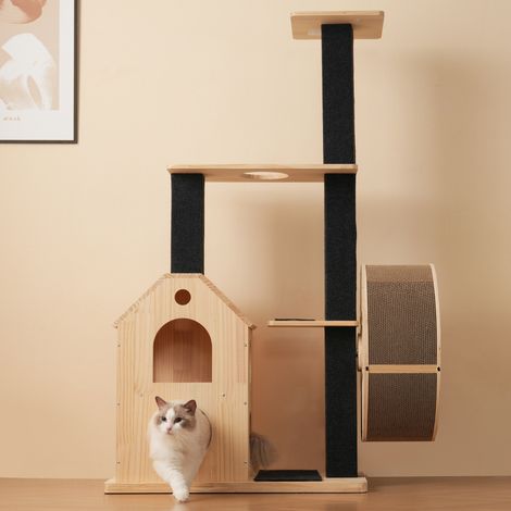 Arbre à Chat en Bois Massif 152 cm avec Roue d'Exercice, 4 Plateformes, 2 Niches et Griffoirs en Sisal, Arbre à Chat Solide 80x40x152 cm (1/5)