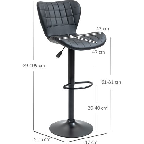 Tabouret de bar 2 pièces rétro, hauteur réglable, pivotant 360°, cuir noir, bureau à domicile, robuste, 47 x 51,5 x 89-109 cm (1/5)