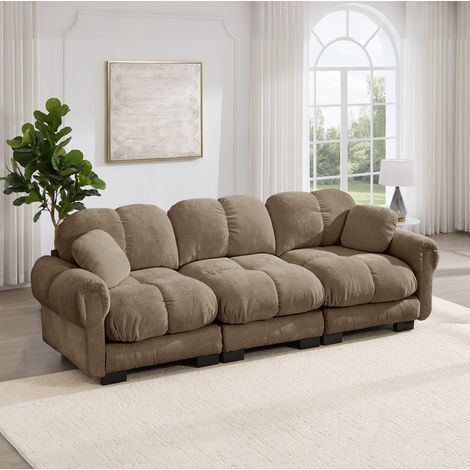 Canapé 3 places brun en chenille avec coussins déco, assise matelassée et dossier ergonomique (1/5)