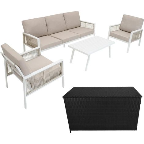 Aluminium 4 Piece Sofa Set with Black Rattan Storage Box - White
