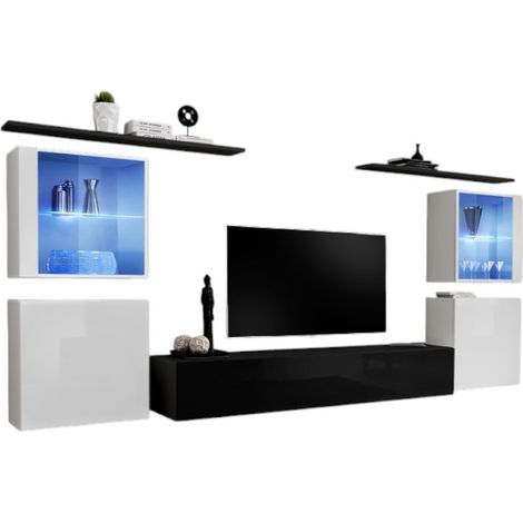 Composición mural SWITCH XIV mueble de TV suspendido negro y blanco brillante con LED