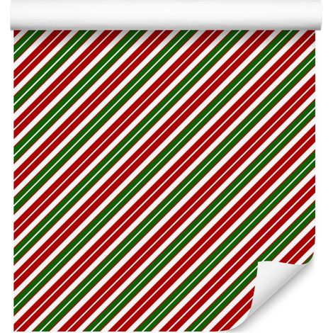 Papel pintado de rayas navideñas rojas, verdes y beige, 50x1000 cm. (1/5)