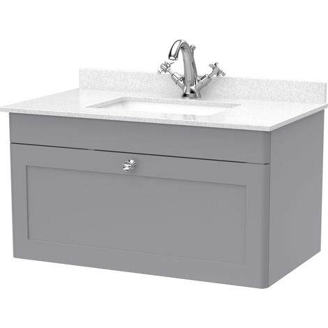 Swynnerton Traditional 1 Drawer Wall Hung Vanity Unit with Marble Basin, Satin Grey, 800mm