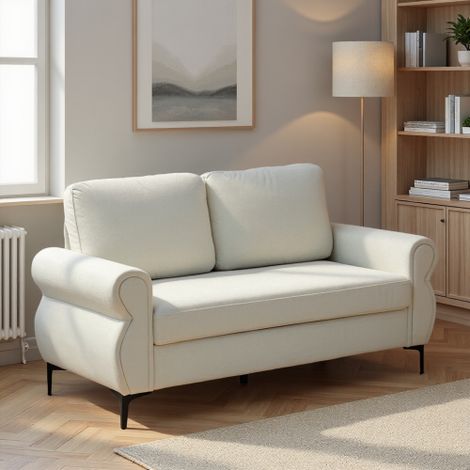 Canapé 2 places 173 cm, Tissu Pelucheux Beige, Cadre Bois Eucalyptus + Métal, Assise Ressorts Indépendants (1/5)